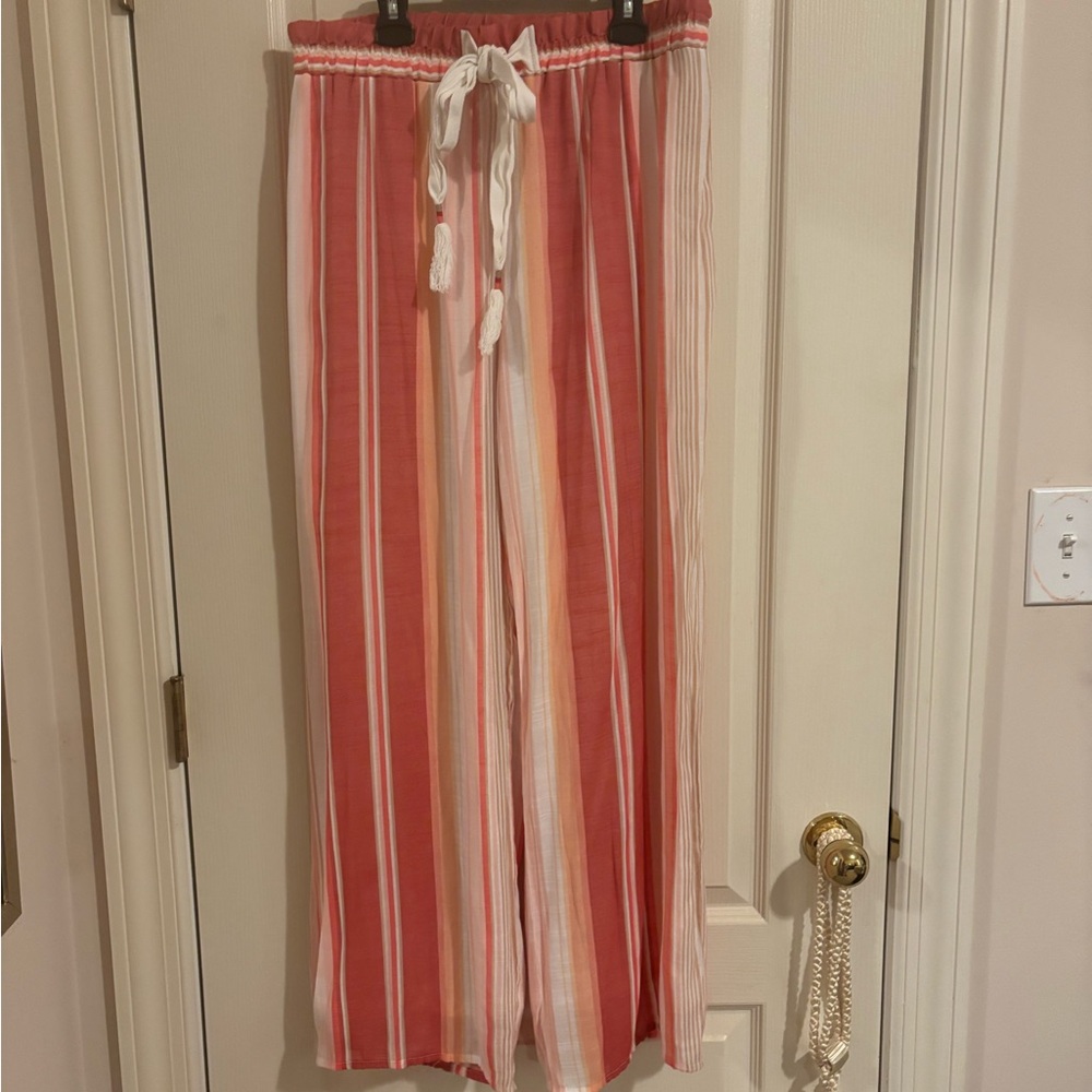 New Directions sz Medium coral pink white Palazzo pants wide leg elastic waist - Picture 6 of 11